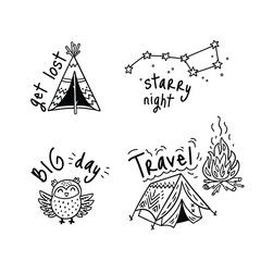 Vector set of cartoon sticker for camping in outline