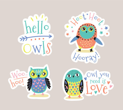 Vector set of cartoon stickers, patches or pins with owls