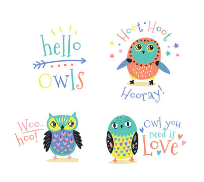 Hand drawn symbols, icons, illustrations with owls