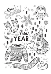 Black and white winter postcard in cartoon style. Vector illustration