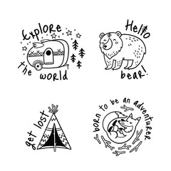 Vector set of cartoon sticker for camping in outline