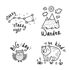 Obraz premium Vector set of cartoon sticker for camping in outline