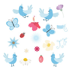 Vector set of birds, flowers and butterflies