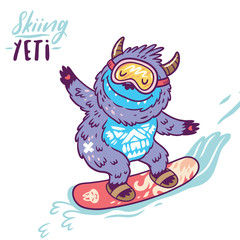 Cute yeti snowboarding print. Vector illustration