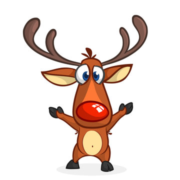 Funny cartoon red nose reindeer character excited waving hands.  Christmas vector illustration isolated