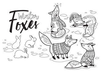 Collection of cartoon foxes in cozy sweaters. Outline print