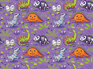 Seamless pattern with cartoon dinosaurs in halloween suits