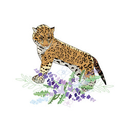 Retro style Illustration with flowers and animal