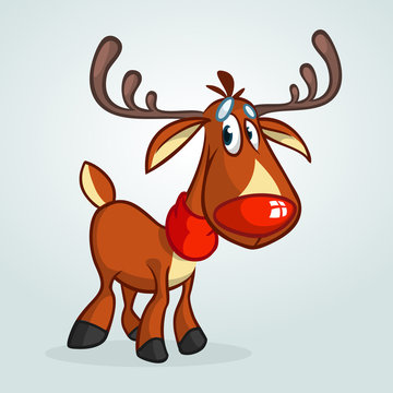 Happy cartoon red nose reindeer character wearing scarf.  Christmas vector illustration