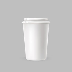 Vector illustration of a white plastic cup for cold and hot drinks tea and coffee in a realistic style isolated on a gray background. Package mockup design ready for branding