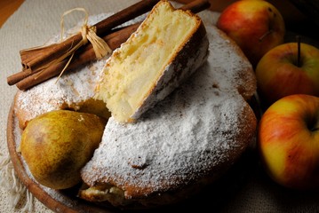 A classic Cornish pie with apples and pears. Photo of ready desart. Top views.
