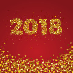 2018 Happy New Year celebrate card with holiday greetings and golden stars