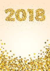 2018 Happy New Year, vertical celebrate card with holiday greetings and golden stars