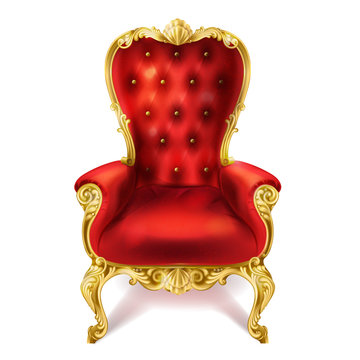 Vector illustration of an ancient red royal throne isolated on white background in realistic style. Gilded antiquarian armchair, exclusive old carved furniture with velvet seat.