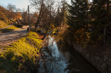 walk in Hungarian village Zebegeny autumn, fall colors in town, bright autumn colors in village
