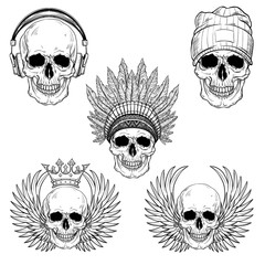 hand drawn anatomy skull set with cap, warbonnet, headphones, wings, crown . Vector