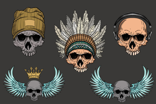hand drawn anatomy skull set with cap, warbonnet, headphones, wings, crown . Vector