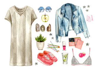 watercolor hand painting sketch fashion outfit, a set of clothes and accessories. casual style. isolated elements
