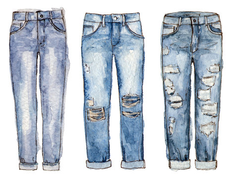 Watercolor Hand Painting Fashion Jeans. Isolated Elements