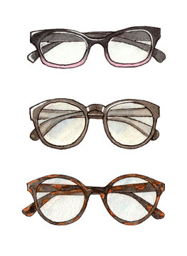 watercolor handpainting sketch fashion set of glasses. isolated elements