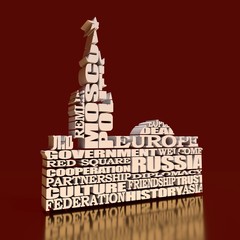 Spasskaya Tower of Kremlin and part of the wall in Moscow designed fron relative words cloud. 3D rendering