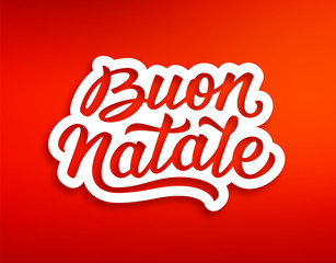 Merry Christmas season greetings with lettering text in italian on red background. Xmas paper cut style sticker. Vector illustration