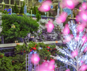 Christmas holidays wallpaper variety of decoration on sale. Trees part decoration