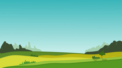 Nice vector field and forest landscape in flat style. Illustration for tourism, travel or nature products advertisement, background with place for your text