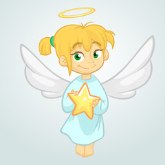 Cute cartoon Christmas angel holding a star. Vector illustration isolated. Design for print, poster, sticker, greeting card or invitation