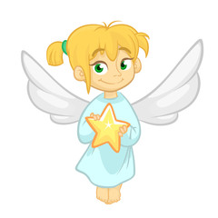 Cute cartoon Christmas angel holding a star. Vector illustration isolated. Design for print, poster, sticker, greeting card or invitation
