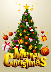 merry christmas tree with gift festival. Cartoon vector illustration font design 3D. vertical poster, EPS 10 You can rearrange the images or you can place relevant content on the area.