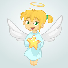 Cute Christmas angel holding a star. Vector illustration isolated