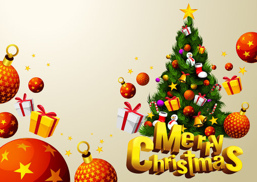 merry christmas tree with gift festival. Cartoon vector illustration font design 3D. Horizontal poster, EPS 10 You can rearrange the images or you can place relevant content on the area.
