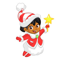 Cute cartoon Christmas afro-american or arab angel character flying and holding star. Vector illustration of happy winter fairy outlined