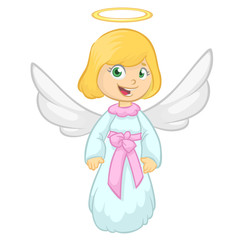 Cute happy Christmas girl angel character. Vector cartoon illustration isolated