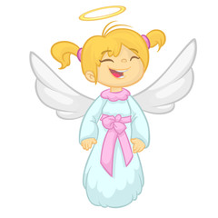 Cute happy Christmas girl angel character. Vector cartoon illustration isolated