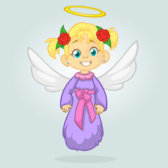 Cute happy Christmas angel character. Vector illustration isolated. Design for print, poster, sticker, greeting card or invitation