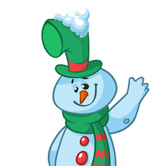 Funny cartoon snowman waving. Christmas snowman character  illustration isolated
