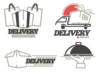 Delivery logo templates set for post mail, food or onlne shop express delivery service.