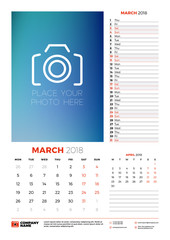 Vector calendar planner template for 2018 year. March. Vector design print template with place for photo. Week starts on Monday