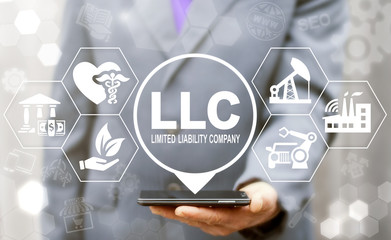 Limited Liability Company (LLC) Business Industry Healthcare concept. Man offers smartphone with...