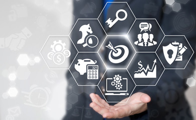 Target Audience concept. Businesswoman offers target, audience to target is around target. Business...