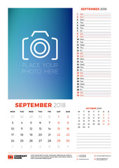 Vector calendar planner template for 2018 year. September. Vector design print template with place for photo. Week starts on Monday