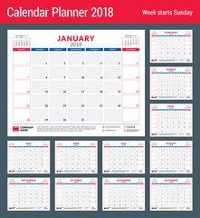 Calendar planner for 2018 year. Design print template. Week starts on Sunday. Stationery design. Set of 12 months