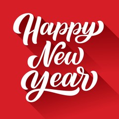 Happy new year brush hand lettering, with long shadow on red background. Vector type illustration. Can be used for holidays festive design.