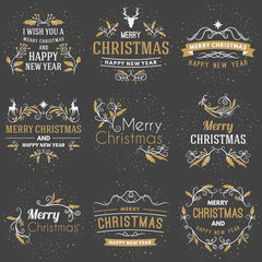 Set of Merry Christmas and Happy New Year Decorative Badges for Greetings Cards or Invitations. Vector Illustration. Typographic Design Elements. Golden, White and Pink Color Theme on Dark Background