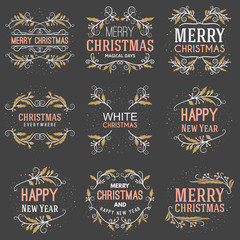 Fototapeta premium Set of Merry Christmas and Happy New Year Decorative Badges for Greetings Cards or Invitations. Vector Illustration. Typographic Design Elements. Golden, White and Pink Color Theme on Dark Background