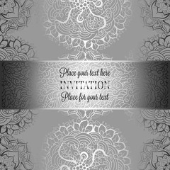 Wedding invitation or card , intricate mandala background. Metal silver and black, Islam, Arabic, Indian, Dubai background, fashion design with place for text