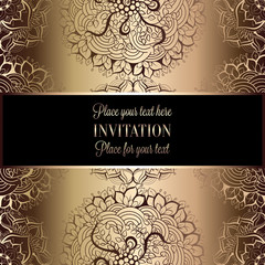 Wedding invitation or card , intricate mandala background. Metal gold and black, Islam, Arabic, Indian, Dubai background, fashion design with place for text