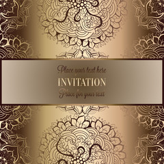 Wedding invitation or card , intricate mandala background. Metal gold and beige, Islam, Arabic, Indian, Dubai background, fashion design with place for text